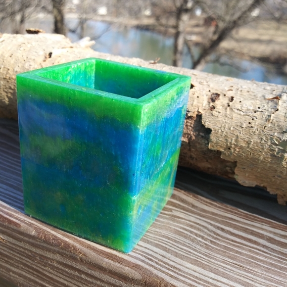 Green Blue Pen Holder Resin Art Work Home Cube Handmade Organizer Gift wfh - Picture 2 of 11